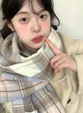 星月豚骨日系JK奶蓝色格纹围巾女