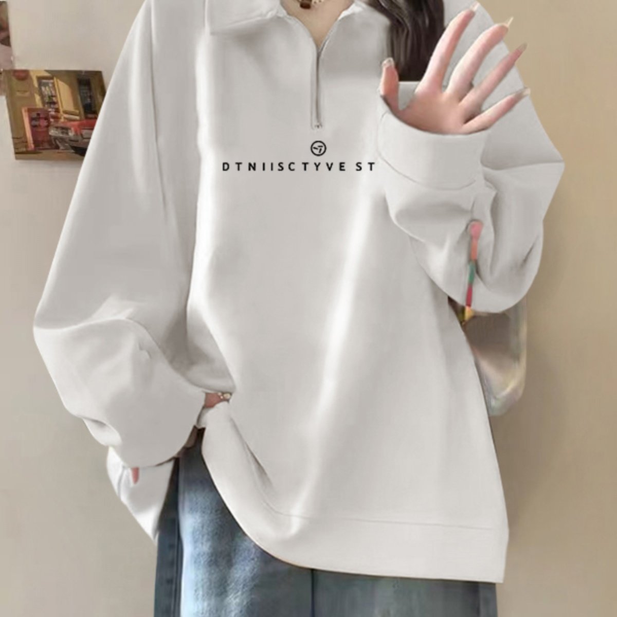 纯棉polo领半拉链卫衣女春秋款美式宽松oversize休闲百搭慵懒上衣,淘宝优惠券,粉丝福利购,淘宝优惠卷