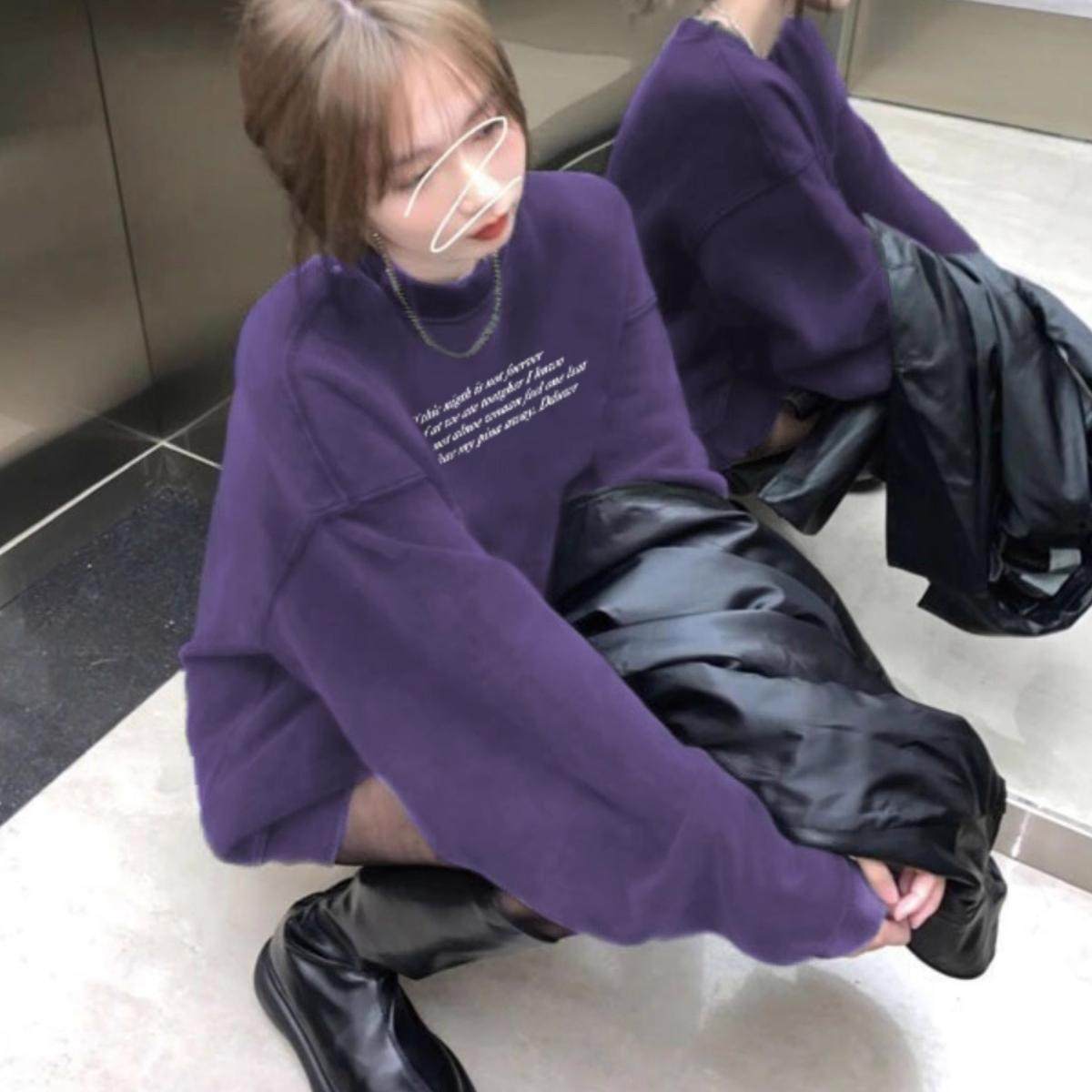 纯棉美式紫色圆领卫衣女秋冬加绒加厚2025新款爆款宽松设计感外套,淘宝优惠券,粉丝福利购,淘宝优惠卷