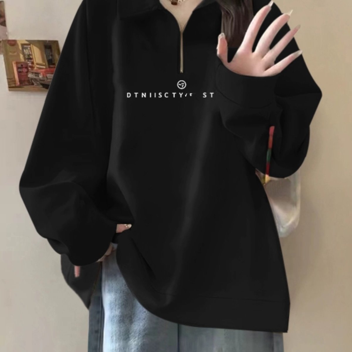 纯棉polo领半拉链卫衣女春秋款美式宽松oversize休闲百搭慵懒上衣,淘宝优惠券,粉丝福利购,淘宝优惠卷