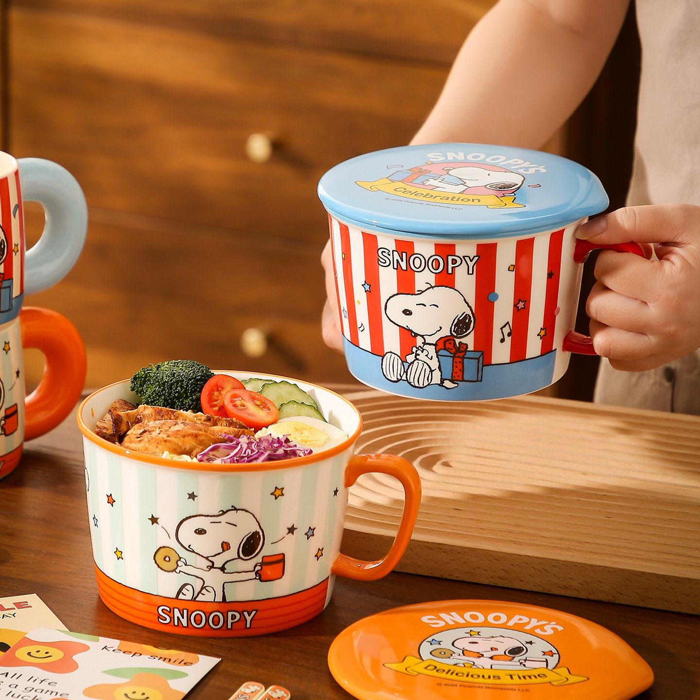 史努比大容量泡面碗可爱学生宿舍用陶瓷碗带盖手柄面碗大号拉面碗,淘宝优惠券,粉丝福利购,淘宝优惠卷