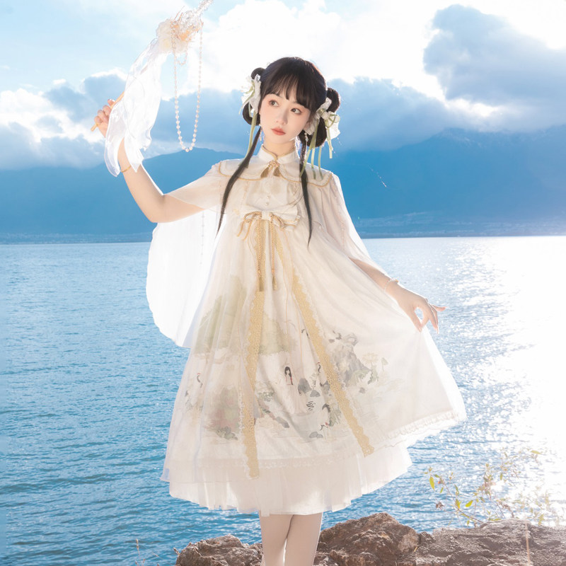 神明少女原创汉服女春夏可爱甜美中华风汉元素吊带连衣裙两件套装_虎窝淘