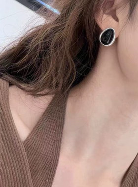 W&SILVER通体925纯银重工小众设计师品牌高级黑玛瑙蛋形水滴耳饰