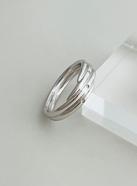 WZ&SILVER设计师款通体S925银镀铑金三层水波纹镶钻戒指高级时尚