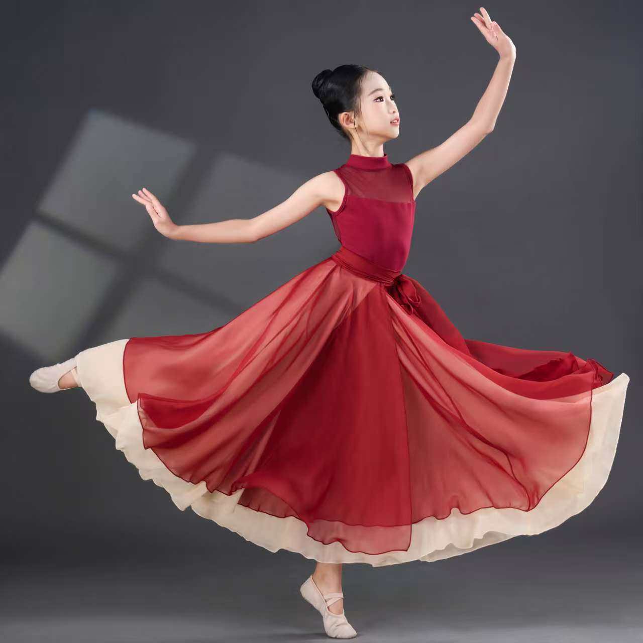 光亮同款儿童古典舞蹈服红色飘逸双层大摆裙艺考比赛演出服扇子舞,淘宝优惠券,粉丝福利购,淘宝优惠卷