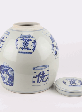 景德镇中式青花博古纹侁字明罐储物罐糖果罐家居饰品客厅摆件装饰