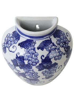 景德镇陶瓷青花葡萄纹半圆瓶贴花工艺墙壁插花器玄关半边瓶摆件