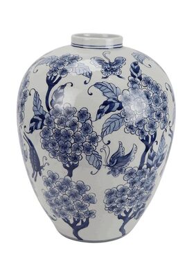 景德镇陶瓷贴花青花花叶蝴蝶纹冬瓜瓶中式客厅插花装饰摆件