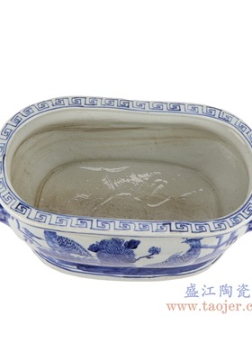 景德镇仿古青花花鸟凤凰双耳椭圆花盆精品落地盆景盆花卉绿植
