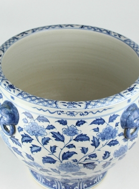 景德镇陶瓷手绘青花花卉鱼缸摆件仿古睡莲荷花缸庭院狮子头大水缸