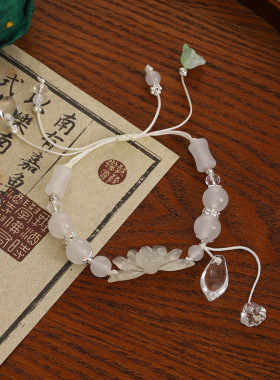 新中式古风莲花竹节手链杏色串珠手工编织绳国风设计高级新款手环