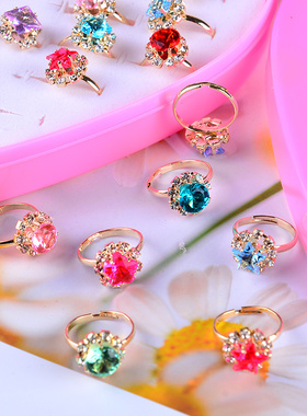 儿童戒指女童水钻石宝石水晶可调节玩具戒指公主可爱卡通戒指套装