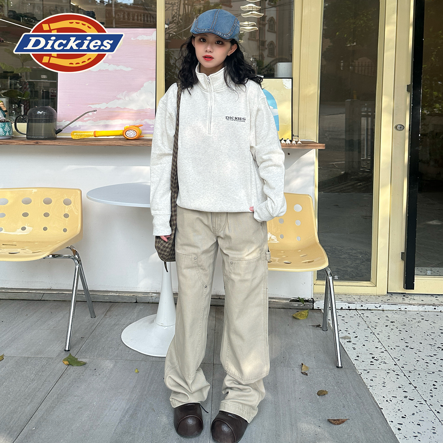 【预售】Dickies25秋冬新款 字母刺绣半拉链运动卫衣抓绒内里男女