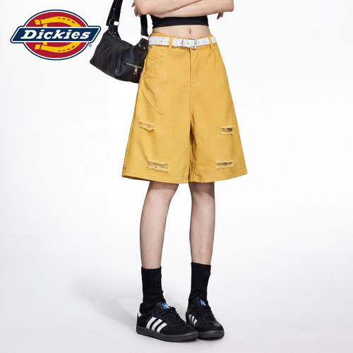Dickies帝酷适高腰破洞牛仔短裤女2026夏季黄色阔腿五分裤高街风m - 图1