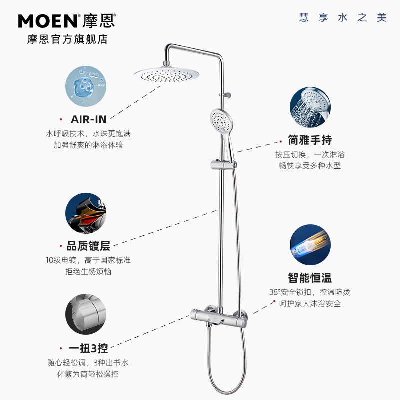 摩恩恒温淋浴花洒套装家用卫生间浴室增压沐浴喷头卫生间卫浴淋雨 - 图0