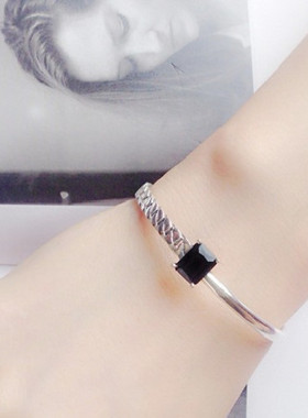 韩版黑玛瑙链条纯银手镯女款时尚气质黑钻石不规则锁链镯子手饰品