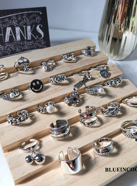 日韩潮人食指链条纯银925光面亮面宽边吊坠珍珠编绳流苏开口戒指