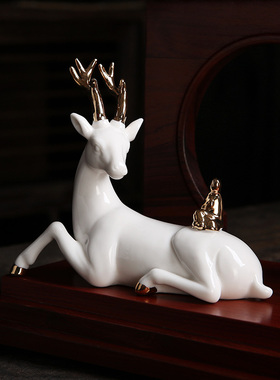 灵鹿献瑞客厅招财鹿摆件陶瓷