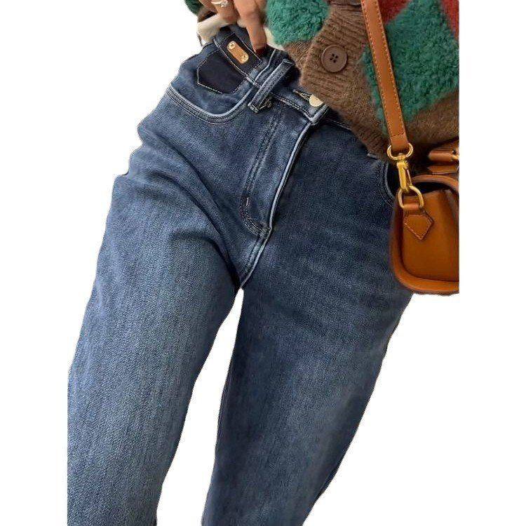 小众加绒加厚九分蓝色牛仔裤女2024年冬季新款高腰显瘦直筒哈伦裤,淘宝优惠券,粉丝福利购,淘宝优惠卷