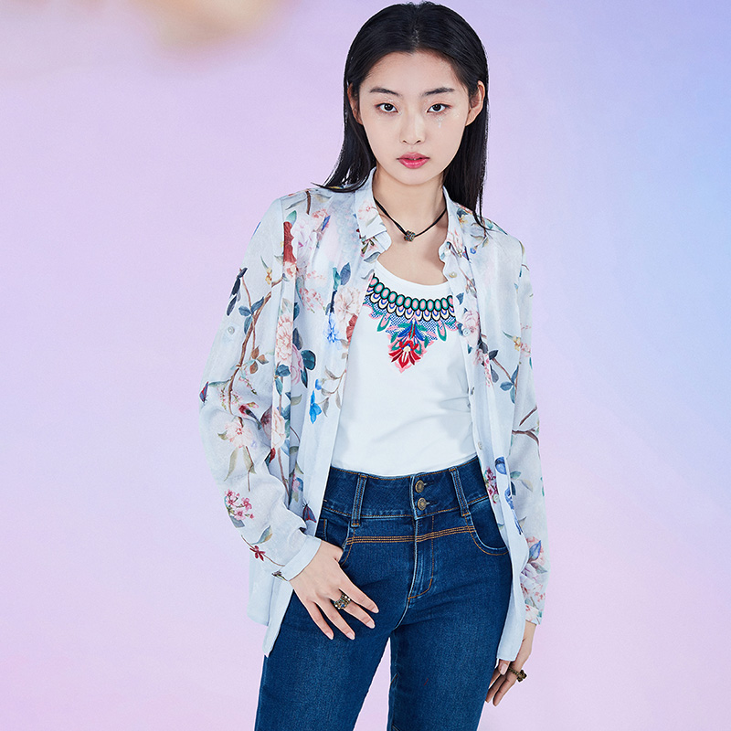 莲灿清仓印花翻领小众衬衫女特卖款田园风上衣收腰显瘦长袖外套 - 图3