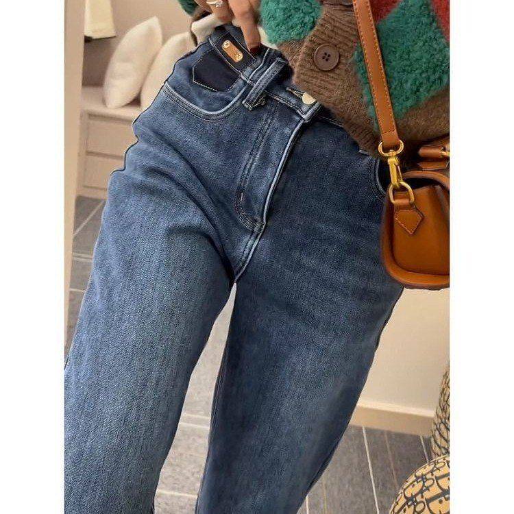 小众加绒加厚九分蓝色牛仔裤女2024年冬季新款高腰显瘦直筒哈伦裤,淘宝优惠券,粉丝福利购,淘宝优惠卷