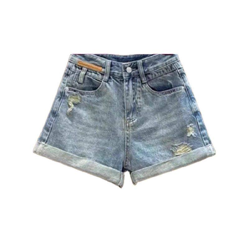 复古磨破卷边A字牛仔短裤女2025夏季新款高腰宽松显瘦阔腿热裤子 - 图3