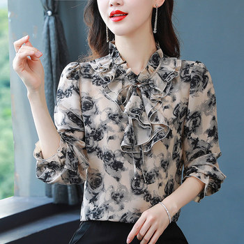 Temperament Floral Chiffon Top Women's Shirt 2024 Spring and Autumn Style ເສື້ອແຂນຍາວກາງ-ຍາວ ຫຼຸດໜ້າທ້ອງ ເສື້ອຢືດແຟຊັນຂະໜາດນ້ອຍ