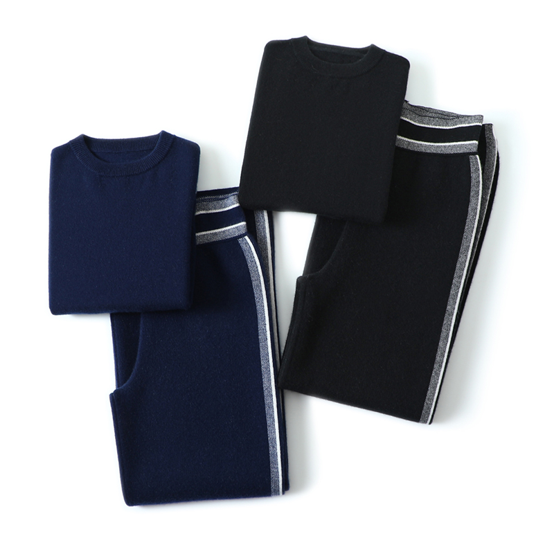 气质~意大利腔调设计!加厚羊绒衫女纯羊绒毛衣直筒阔腿裤子套装 - 图0