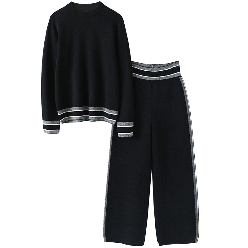 气质~意大利腔调设计!加厚羊绒衫女纯羊绒毛衣直筒阔腿裤子套装 - 图3