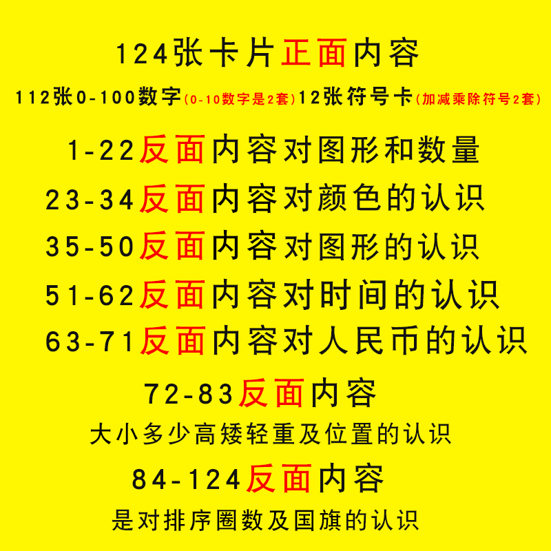 124张0-100数字卡婴幼儿宝宝启蒙早教认识数字卡片教具2-3-6岁数学卡片幼小衔接一年级数字卡片加减乘除口算计算卡看识图认知卡片-图1