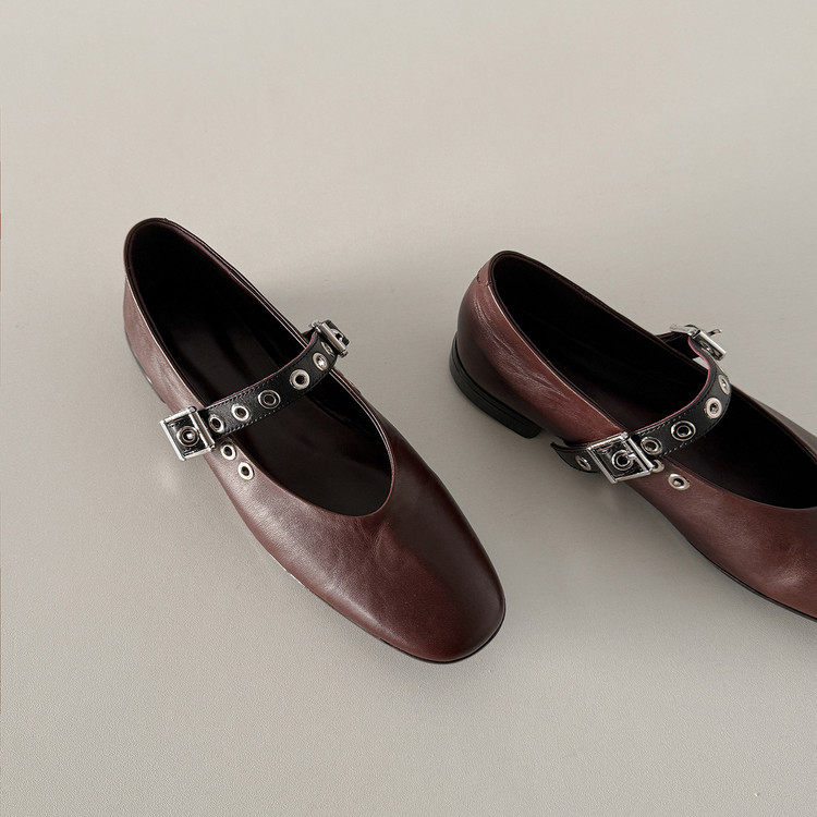 1.5cm跟高 复古铆钉玛丽珍鞋女纯色真皮一字扣带圆头平底百搭单鞋,淘宝优惠券,粉丝福利购,淘宝优惠卷