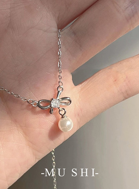 蝴蝶结珍珠吊坠项链s925纯银