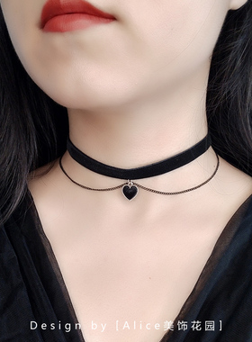 alice黑色丝绒女原创爱心项圈
