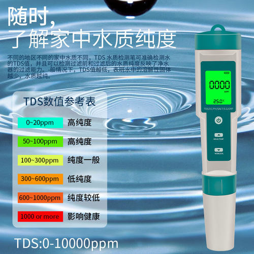 多功能水质检测笔PH/TDS/EC/盐度/SG/ORP/温度便携ph测试笔 - 图1