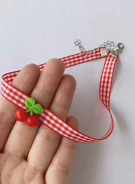 25元包邮新品日系可爱甜妹格子简约choker樱桃夏季短款锁骨链颈链