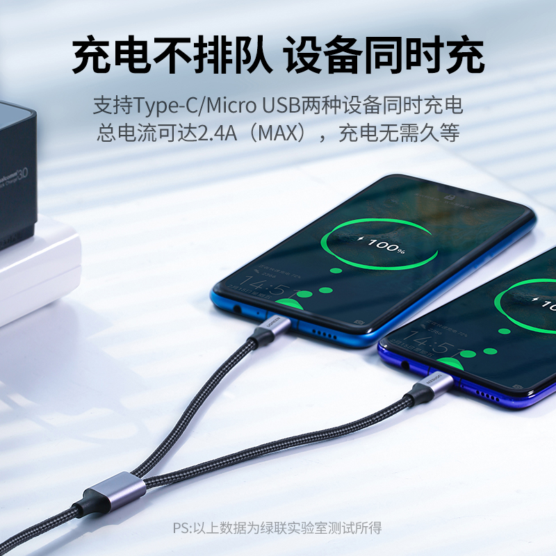 绿联二合一数据线iphone15充电线type-c安卓typec一拖二microusb多头tpc三车载充电器充电宝适用华为苹果手机 - 图0