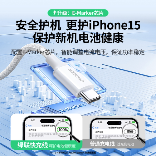 绿联适用苹果15充电线iphone15pro双typec数据线ipadairpd快充电器转双头usbc适用华为max手机平板车载ctoc口-图0