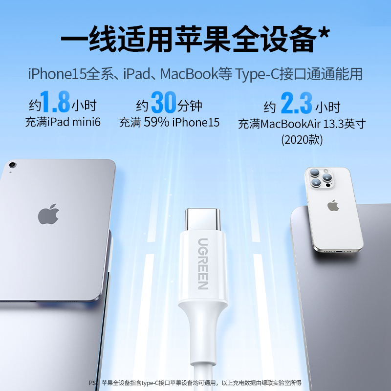 绿联适用苹果15充电线ipadpro双typec数据线iphone15max充电器线usbc笔记本air快充线ctoc口pd两头车载平板短