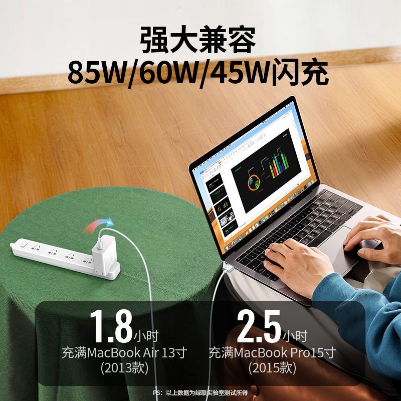 绿联磁吸充电器线85W快充适用苹果MacBook air/pro笔记本电脑65/45W闪充电源连接线typec转Magsafe2T型数据线 - 图0