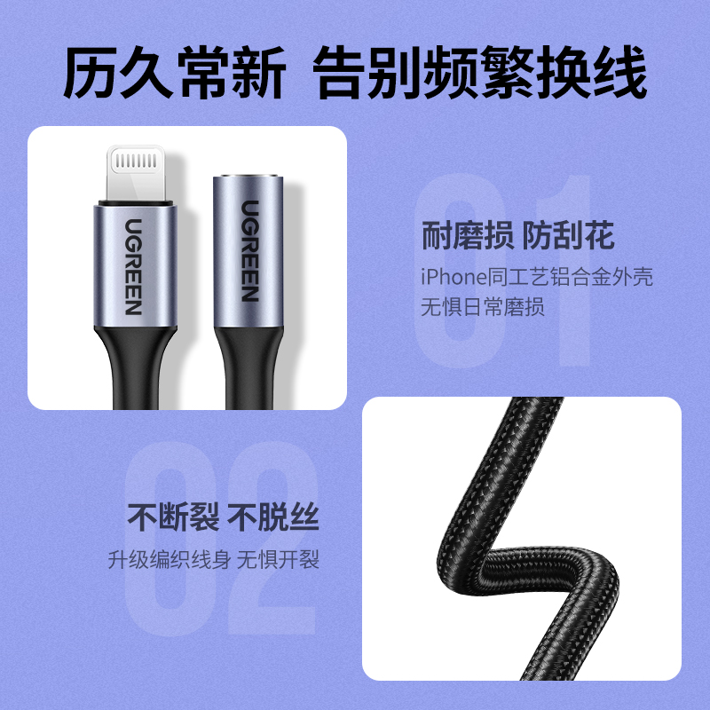 绿联适用苹果15耳机转接头iphone转换头转换器有线转接口lightning转3.5mm音频手机扁头转圆头圆孔14U盾直播-图2