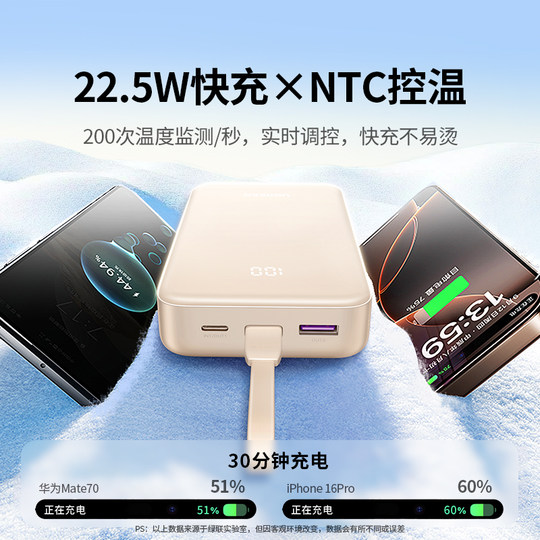 【充电宝3C认证可上飞机】绿联2025新款充电宝20000毫安自带线适用苹果17小米快充大容量移动电源官方旗舰店