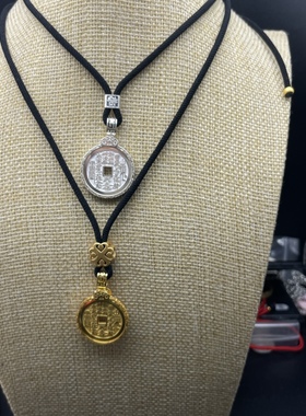 中号山鬼花钱吊坠 999足银花钱925银如意回纹边框项坠