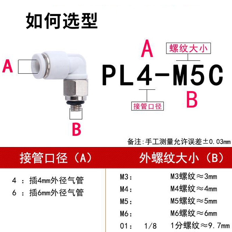 气管接头PC微型气动快插迷你螺纹直通接头POC3-m3/PL4-m5/6mm-M4 - 图2