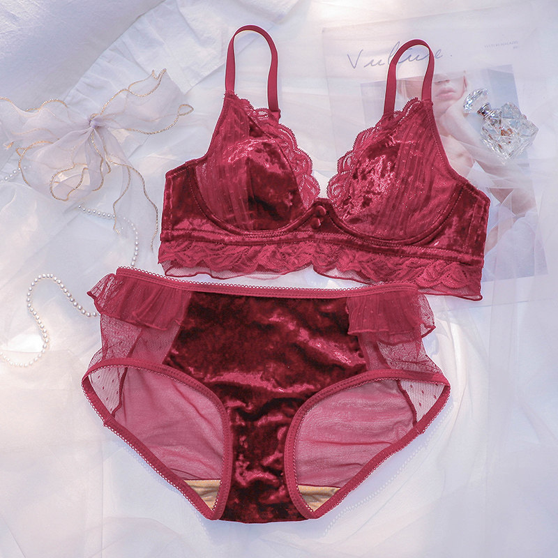 红色一套装小胸聚拢丝绒胸罩内裤 嫦香诗文胸