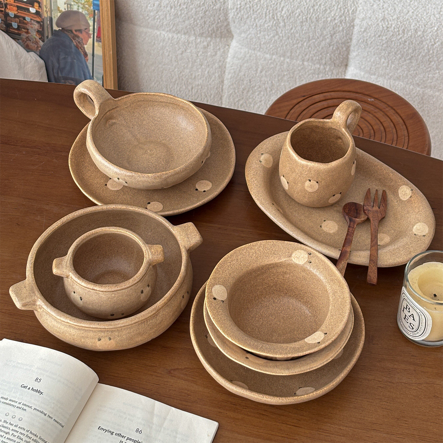 穆尼复古粗陶餐具手绘小熊甜水碗轻食沙拉碗家用餐具可爱创意复古