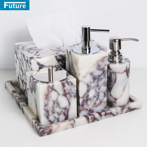 轻奢天然大理石纸巾盒酒店家居卫生间样板间乳液洗漱套件起泡瓶 - 图3