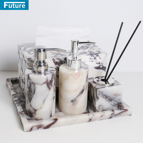 轻奢天然大理石纸巾盒酒店家居卫生间样板间乳液洗漱套件起泡瓶 - 图0