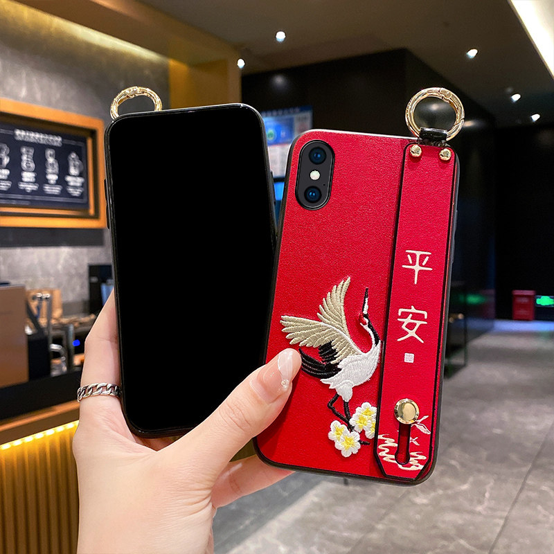 Aimak适用苹果xsmax手机壳iphone8plus保护套XR外壳XS皮质感苹果X刺绣鹤6splus中国风大小678腕带款斜挎挂绳