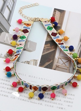 波西米亚额饰项圈女七彩球流苏吊坠锁骨颈链项链云南旅游度假拍照