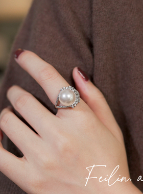 《金缕垂星》繁花澳白珍珠戒指女S925纯银钻开口可调节食指戒手饰